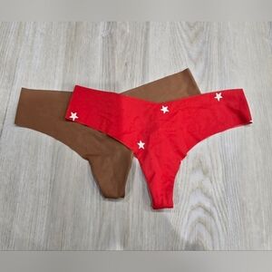 Aerie NWT Seamless No Show Thongs Brown/Red Stars Size S
